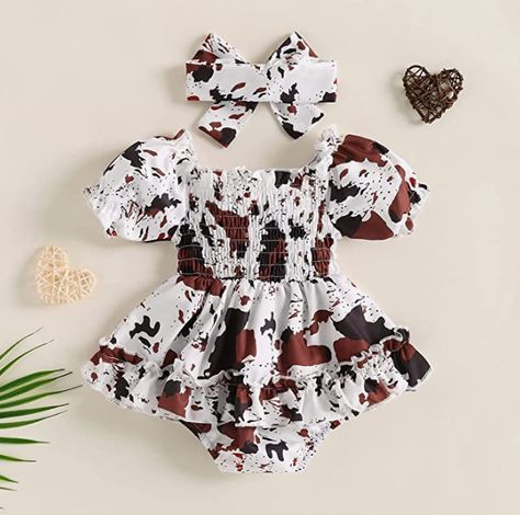 YINGISFITM Infant Baby Girl Bubble Romper Ruffled Dress Cow Print Onesie Summer Dresses Cute Clothes and Headbands Cowgirl Baby Outfits, Cow Print Baby Stuff, Baby Girl Western Outfits, Baby Country Outfits, Western Baby Girl Outfits, Country Baby Outfits, Western Baby Outfits, Country Baby Girl Outfits, Country Baby Girl Clothes