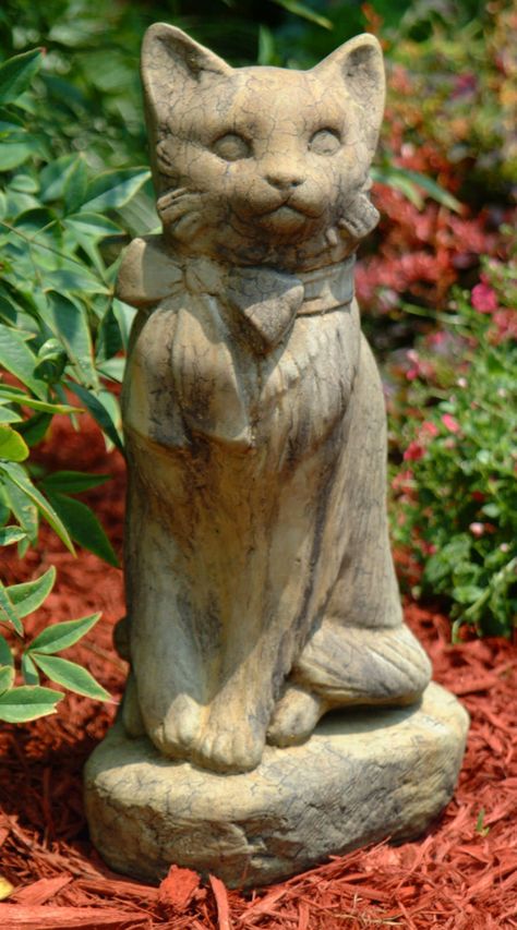 Cat Themed Accessories, Cat With Bow, Stone Garden Statues, Garden Statuary, Statue Garden, Antique Garden, Cat Sculpture, Cat Garden, Cat Items