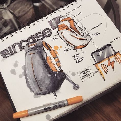 Bag Design Sketch, Backpack Design Concept, Orthographic Drawing, Design Backpack, Backpack Design, 3d Space, Interior Design Sketches, Orange Interior, Industrial Design Sketch