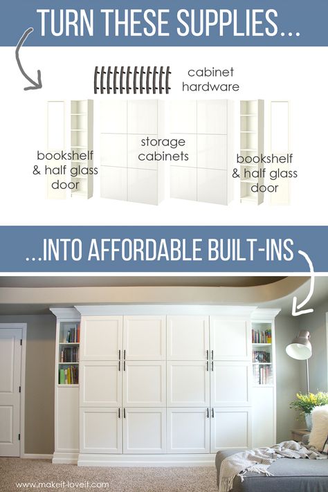 How to Turn Ikea Bookshelves into Custom Built-Ins | via www.makeit-loveit.com Ikea Built In, Bedroom Built Ins, Ikea Wall, Living Room Built Ins, Ikea Bookshelves, Ikea Living Room, Basement Storage, Ikea Ideas, Custom Built Ins