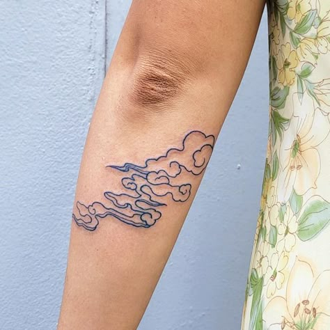 Air Themed Tattoos, Cloud Armband Tattoo, Auspicious Clouds Tattoo, Blue Chinese Tattoo, Tattoos With Blue Ink, Cloud Wrap Around Tattoo, Greek Clouds Tattoo, Cloud Leg Tattoo, Cloud Tattoo Collarbone