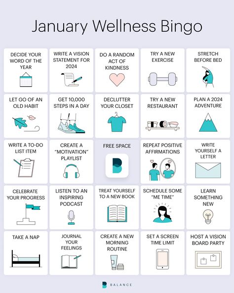 New Year Wellness Bingo | The Balance App New Year Wellness, Wellness Bingo, Vision Board Activity, Planner Monthly Layout, Before Bed Workout, Wellness Ideas, Vision Board Party, Wellness Challenge, Workplace Wellness