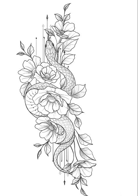 Snake And Carnation Tattoo, Snake With Chrysanthemum Tattoo, Snake And Peony Tattoo Design, Snake Tattoo Flowers, Snake In Flowers Tattoo, Animal And Flower Tattoo, Snake Flower Tattoo Design, Snake And Flowers Tattoo Design, Snake Floral Tattoo