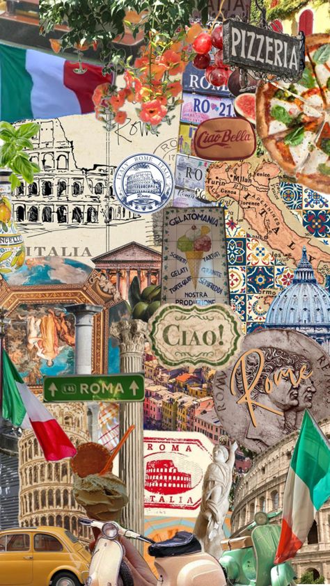 Italy Aesthetic Collage, Aesthetic Collage Background, My Adventure Book, Creative Travel Journal, Illustration Prompts, Digital Polaroid, Italia Aesthetic, Summer Prints Wallpaper, Italy Illustration