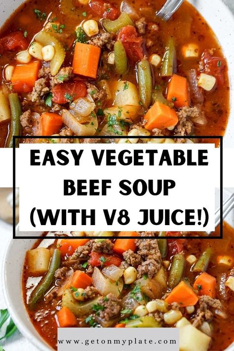 Crockpot Vegetable Beef Soup Eating On A Dime, Quick And Easy Vegetable Beef Soup, Vegetable Soup V8 Juice, Tomato Juice Vegetable Soup, Vegetable Soup With Ground Beef And V8, Beef Stew With V8 Juice Crock Pot, Beef Vegetable Soup With Tomato Juice, Vegetable Soup Made With V8 Juice, Spicy Vegetable Beef Soup