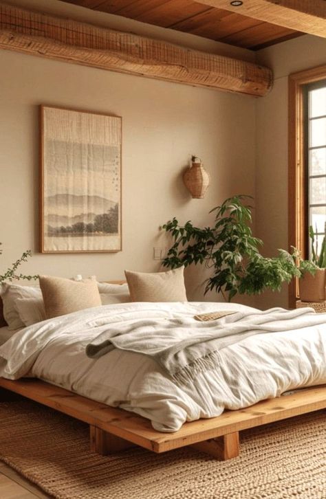 Wabi Sabi Room Design, Wabi Sabi Bed Frame, Wabi Sabi Interior Bedrooms, Wabi Sabi Room, Wabi Sabi Home Interior Design, Bedroom Wabi Sabi, Wabi Sabi Bedroom, Zen Bedroom Ideas, Wabi Sabi Home Decor