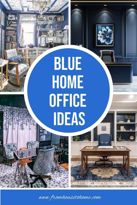 blue home office ideas Navy Blue Furniture Office, Blue And White Office Decor, Dark Blue Office Ideas, Blue Home Office Ideas, Navy Blue Office Ideas, Navy Blue Home Office, Navy Home Office, Blue Decor Ideas, Blue Home Office