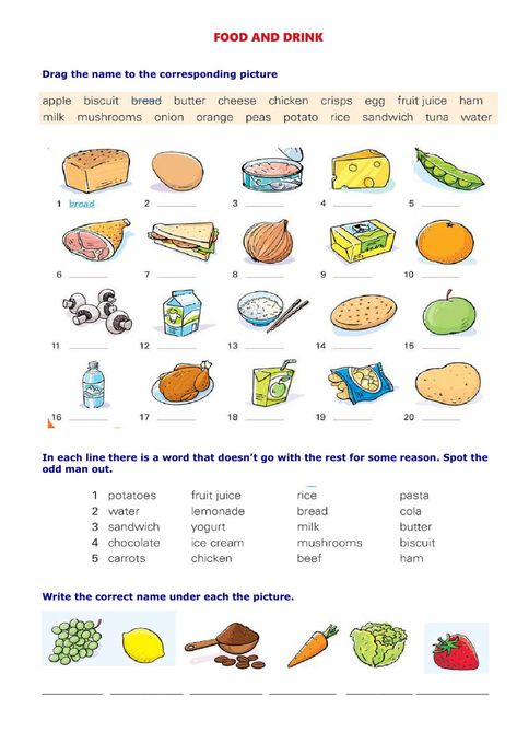 Food and drinks interactive activity for A1. You can do the exercises online or download the worksheet as pdf. Food And Drink Worksheet For Kids, Go Grow And Glow Foods Worksheet, Food And Drink Worksheet, Food Worksheets For Kids, Food Worksheet, Chicken Crisps, Food Vocabulary, Food Activities, Esl Resources