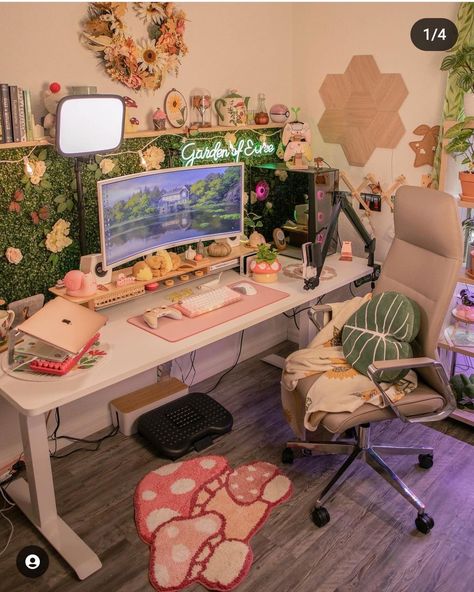 Fairy Core Gaming Setup, Cozy Pc Setup Pink, Mushroom Desk Decor, Aesthetic Game Room Ideas, Cozy Video Game Room, Cozy Gaming Room Setup, Pc Setup Girl, Cozy Gamer Girl Aesthetic, Gamer Girl Bedroom Ideas