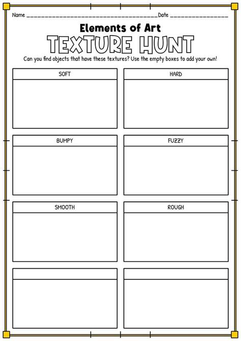 Texture Worksheet Art, Kindergarten Texture Art Lesson, Texture Worksheet, Elements Of Art Texture, Texture Art Projects, Formal Elements Of Art, 7 Elements Of Art, Art Handouts, Art Teacher Resources