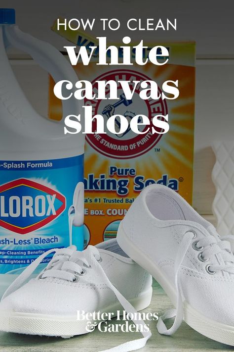 Use this method to clean white canvas shoes (such as Converse or Vans sneakers) and keep them looking spotless. #howtocleanwhitesneakers #vans #converse #laces #diy #bhg Canvas Shoe Cleaner Diy, How To Keep Sneakers White, Best Way To Clean White Canvas Shoes, Dresses With White Converse, How Do You Clean White Shoes, Wash Canvas Shoes, Keep White Shoes White, Clean Canvas Sneakers, Cleaning White Sneakers Diy