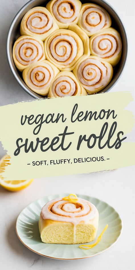 Freshly baked vegan lemon sweet rolls with a golden crust and citrusy filling on a rustic baking tray. Easy Vegan Pastries, Vegan Cake Roll, Vegan Baking Ideas, Plant Based Desserts Easy, Lemon Recipes Vegan, Healthy Pastry Recipes, Vegan Lemon Desserts, Quick Vegan Dessert, Vegan Desserts Easy