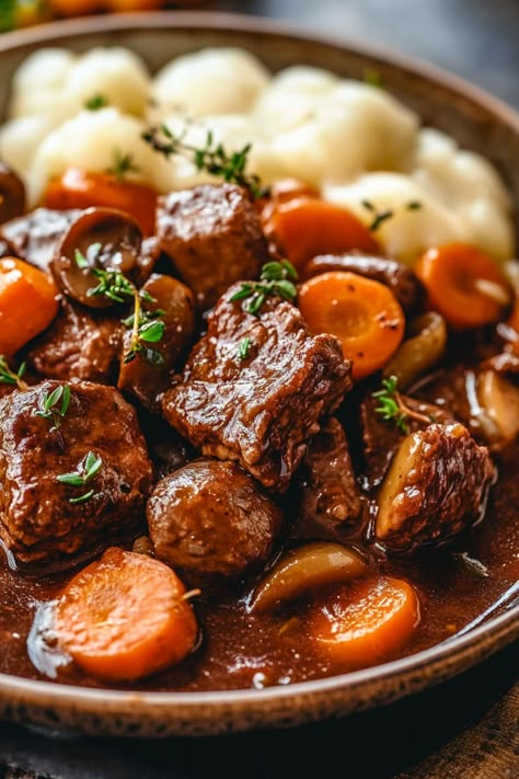 Beef Bourguignon, also known as Beef Burgundy, is a timeless French dish that deserves a spot in your recipe collection. While it takes some time to prepare, mastering this dish means you’ll have an impressive, go-to option for any occasion. Though it's a bit time-consuming, it's actually quite straightforward and gets even better after a French Beef Bourguignon, Beef Bourguignon Slow Cooker, French Dinners, Beef Burgundy, Beef Entrees, Easy Beef Stew, Dinner Plans, Beef Stew Meat, Im Hungry