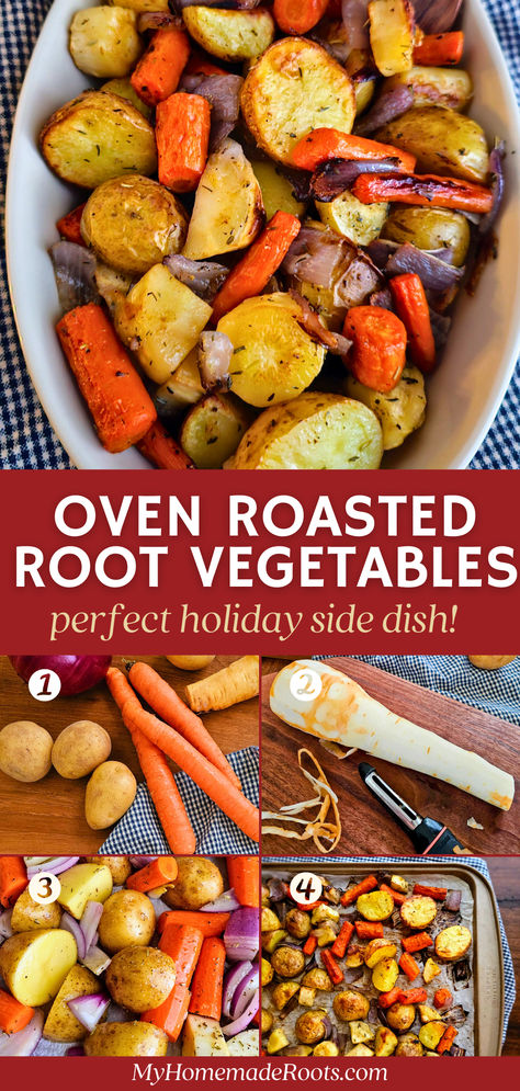 Discover the ultimate side dish with these Simple & Delicious Oven-Roasted Root Vegetables! Choose from a medley of carrots, parsnips, potatoes, beets, and more, all perfectly caramelized with a touch of olive oil and herbs. This versatile recipe is easy to make and perfect for cozy fall and winter meals, holiday dinners, or meal prepping. #RoastedVegetables #HealthyRecipes #FallFood #WinterMeals #VegetarianSides #HomesteadCooking Roasted Veggie Combinations, Roasted Vegetables In Crock Pot, Roasted Root Veggies In Oven, Roasted Winter Vegetables Oven, Roasted Winter Veggies, Roasted Autumn Vegetables, Healthy Easy Side Dishes, Roasted Root Vegetables Oven, Baked Veggies Oven