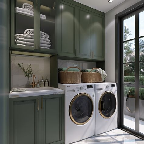 Hang Dry Laundry Room, Green Washer And Dryer Laundry Rooms, Green Grey Laundry Room, Save Green Laundry Room, Green Laundry Room Design, Dark Color Laundry Room, Green Utility Room Ideas, Sage Green And Black Laundry Room, Olive Green Laundry Room Cabinets