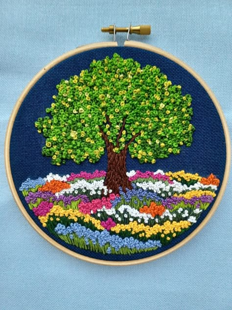 Embroidery Garden Designs, Flower Garden Embroidery, Garden Embroidery Designs, Back Stitch Embroidery, Mermaid Embroidery Designs, Embroidery Garden, Landscape Embroidery, Garden Embroidery, French Knot Embroidery