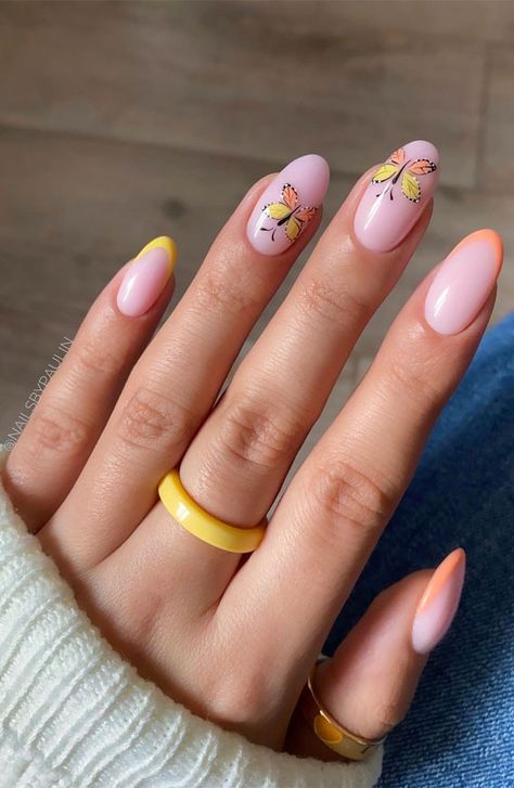 Yellow French Nails, Holiday Acrylic Nails, Yellow French, Butterfly Nail Designs, August Nails, Ballet Nails, Milky Nails, Butterfly Nails, Asian Nails