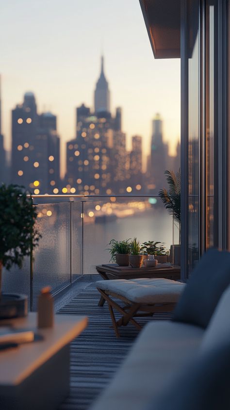 Stylish City Apartment Balcony Skyline View Apartment Sunset View, Nyc Apartment With Balcony, Apartment With View Of City, Apartment Views Aesthetic, Apartment Water View, Rustic City Apartment, Condo With City View, High Rise Apartment View, Toronto Apartment Aesthetic