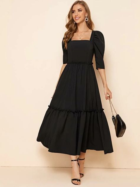 Gigot Sleeve, Shein Dress, Square Neck Dress, Trik Fotografi, Tea Length, Classy Dress, Modest Dresses, Modest Outfits, Women Dresses