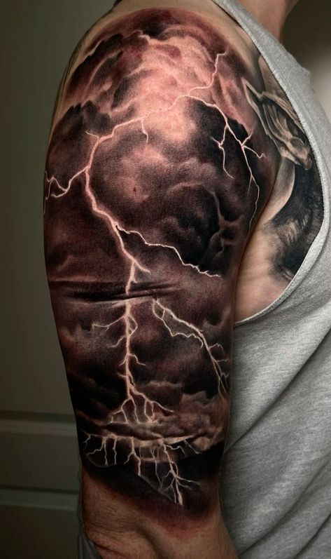 Storm Tattoo Forearm, Lightning Sky Tattoo, Storm Tattoos For Guys, Tattoo Thunder And Lightning, Stormy Clouds Tattoo, Lightning Filler Tattoo, Tattoo I Am The Storm, Thunder Lightning Tattoo, Storm Sleeve Tattoo