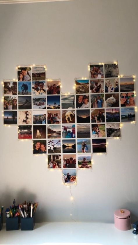 Bulletin Board Collage, Picture Heart Wall, Cute Wall Decor Ideas, Polaroid Pictures Ideas, Room Decor For Women, Heart Picture Collage, Heart Photo Walls, Diy Bedroom Decor For Teens, Texas Bedroom