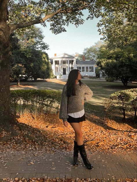 sweater + black skirt + tall boots Fall Outfits With Tall Black Boots, Black Skirt Tall Boots Outfit, Outfit With Long Black Boots, Styling Tall Black Boots, Tall Black Boot Outfit, Outfits With Tall Black Boots, Tall Boots Outfit Fall Styles, Peep Toe Heels Outfit, Black Rain Boots Outfit