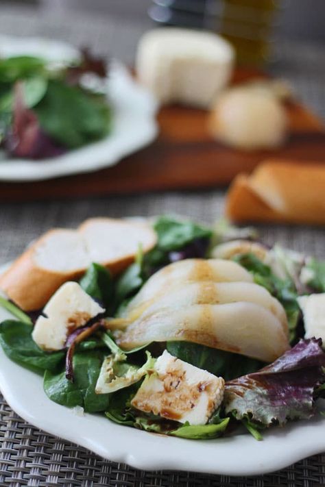 Poached Pear & Brie Salad with Honey Balsamic Dressing - Cooking for Keeps Poached Pear Salad, Brie Salad, Pear Brie, Balsamic Dressing Recipe, Honey Balsamic Dressing, Sliced Pears, Honey Balsamic, Pear Salad, Poached Pears