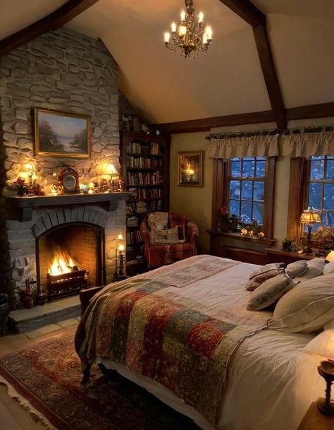 Bedroom With Fireplace, Barndominium Interior, Cabin Interiors, Barn Homes, Cottage Interiors, Dreamy Bedrooms, Dream House Interior, House Room, Rustic Bedroom