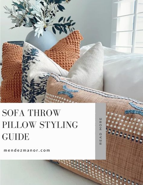 Do you find yourself constantly wondering how to style throw pillows for your couch? It’s a question I receive from family, friends, and clients all the time! Fortunately, I’ve got you covered with this sofa throw pillow styling guide that will help you style your sofa like a designer. #throwpillowstyling #throwpillows #accentpillows #homedecor #homestyling Throw Pillow Guide Couch, 3 Pillows On Sofa, How To Style Sofa Cushions, Cow Print Throw Pillows, Throw Pillow Styling Couch, Living Room Throw Pillows Color Schemes, Throw Pillow Placement Couch, Sofa Throw Pillow Arrangement, Transitional Living Room Throw Pillows