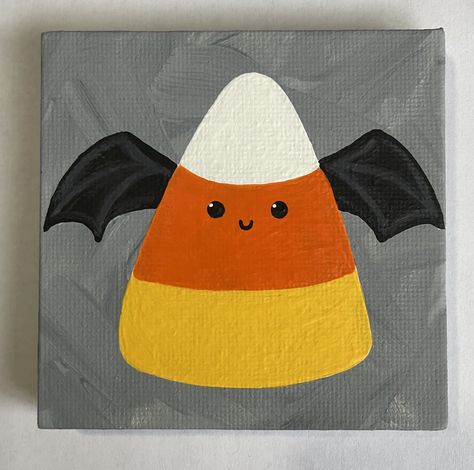 "3\"x3\" Hand Painted Halloween Candy Corn Bat Canvas Painting This small candy corn painting is the perfect addition to your fall/Halloween decor.  Hand painted on a 3\"x3\" canvas with acrylic paint, each painting is one of a kind.  A great gift for a friend or family member or perfect just for you!" Halloween Artwork Painting, Candy Corn Painting, Pumpkin Canvas Painting, Gold Tattoos, Corn Painting, Halloween Canvas Paintings, Art Mini Toile, Hand Painted Halloween, Halloween Canvas Art