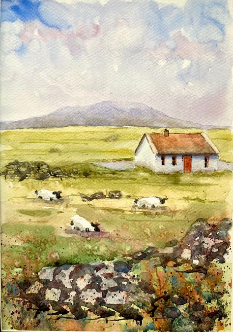 Watercolor Ireland Landscape, Scotland Watercolor Paintings, Watercolour Countryside, Watercolor Building, Irish Cottages, Irish Landscapes, Scottish Cottage, Cottage Illustration, Scottish Cottages