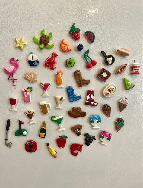 handcrafted magnet creations! Clay Bake Crafts, Cherry Clay Magnet, Fall Clay Magnets Diy, Diy Cute Magnets, Coffee Clay Magnet, Clay Mom Gifts, Air Dry Clay Magnets Food, Pottery Fridge Magnets, Clay Art Magnet