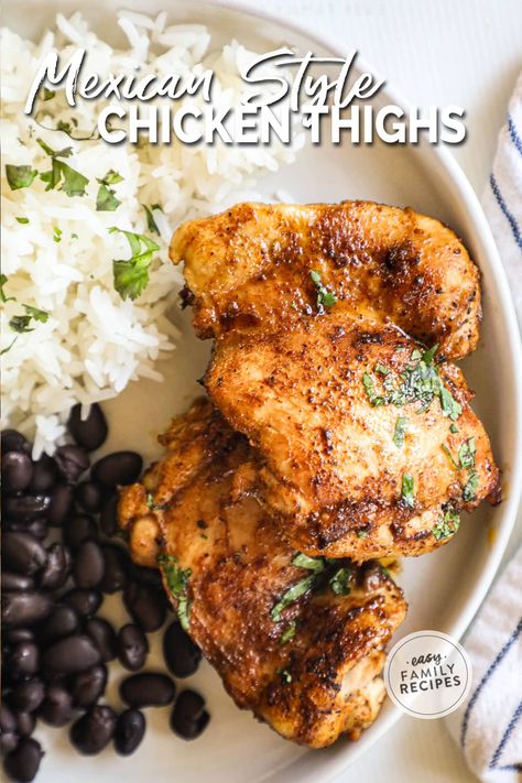 These Mexican chicken thighs are one of my family’s FAVORITE ways to enjoy chicken with Tex-Mex flavors! A zippy marinade makes these chicken thighs extra delicious, and it all comes together with just a few minutes of prep time. Serve the chicken thighs as-is for an easy dinner or use them for tacos, burritos, and more. Great for meal prep too! Chicken Thigh Recipe Mexican, Mexican Chicken Thigh Marinade, Mexican Chicken Rub, Mexican Style Chicken Thighs, Bone In Chicken Thigh Recipes Mexican, Chicken Thigh Burritos, Chicken For Burritos, Spanish Style Chicken, Mexican Chicken Thighs Recipes