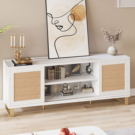 Boho Tv Unit Stand, Boho Tv Stands Living Rooms Rattan, White Cane Tv Console, Entertainment Center Modern, Bohemian Tv Stand. Curved, Rattan Tv Stand, Low Tv Stand, Low Tv, 65 Inch Tv Stand