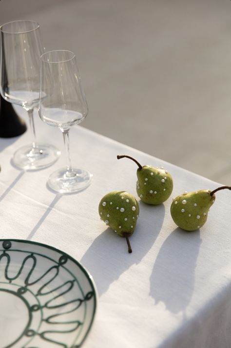 A moment for the tablescape details. Pearled pears basking in the early evening sunlight Pear Table Setting, Pear Themed Wedding, Pear Table Decor, Pear Wedding Decor, Pear Themed Party, Pearl Tablescape, Grape Tablescape, Pear Tablescape, Wedding Table Food