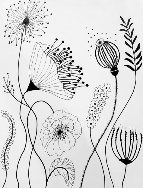 Simplified Flower Drawing, Sgraffito Flowers Design, Pen Flowers Drawing, Drawing Abstract Flowers, Doodle Flower Art, Line Embroidery Design Patterns, Zen Tangle Drawings, Black White Sketches Drawing, Art Deco Doodles