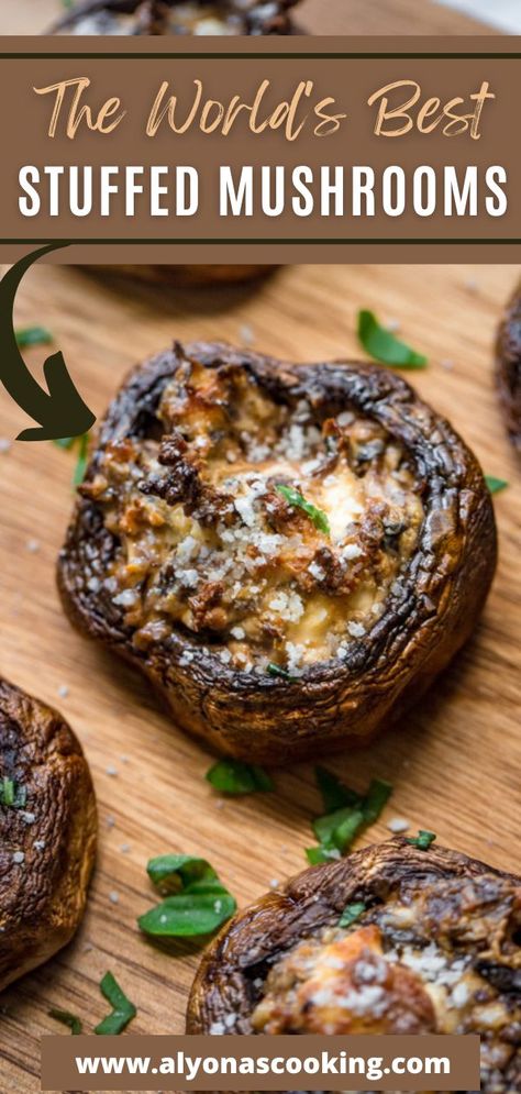 The only stuffed mushrooms recipe you'll need! Each mushroom cap is stuffed with a creamy cheese non-sausage filling! Cook the caps with portobello mushrooms or white button mushrooms, and are you in for the Best Stuffed Mushrooms recipe! Your guests will love these Stuffed Mushrooms when you serve them at your next party! Mushroom Cap Recipes, Easy Stuffed Mushrooms, Best Stuffed Mushrooms, Easy Stuffed Mushroom Recipe, Stuffed Mushroom Recipe, Portabella Mushrooms Recipes, Mushroom Side Dishes, Stuffed Mushrooms Easy, Portobello Mushroom Recipes