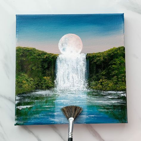 Waterfall Painting Acrylic Step By Step, Waterfall Painting Tutorial, Waterfall Painting Easy, Moonlit Waterfall, Waterfall Painting Acrylic, Waterfall Painting, Waterfall Paintings, Mountain Waterfall, Waterfall Landscape