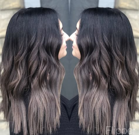 Ash Brown Ombre Hair Short, Black Roots Light Ends, Dark Root Mushroom Balayage, Black To Beige Balayage, Mushroom Brown With Shadow Root, Dark Ash Ombre Hair, Dark Brown Hair With Ashy Highlights Balayage, Dark With Ash Blonde Balayage, Ash Grey Brown Balayage