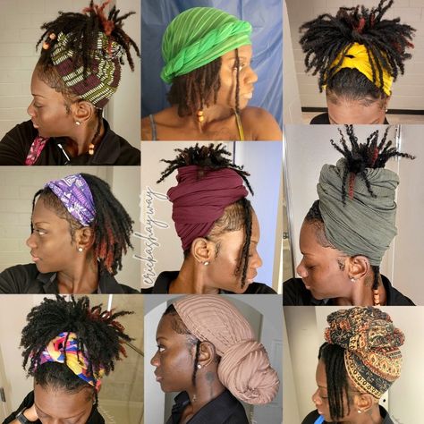 Dreadlock Hairstyles With Scarf, Scarf On Short Locs, Loc Style With Scarf, Headband Hairstyles Locs, Loc Styles With Accessories, Scarf Hairstyles For Locs, Head Scarf With Locs, Loc Hair Wrap Styles, Loc Styles With Bandana