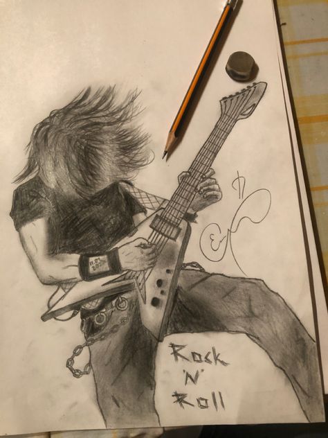 Rock Music Art Drawing, Rockstar Sketch, Metalhead Drawing, Rockstar Drawing, Skateboard Drawing, Music Art Drawing, Nirvana Art, Electric Guitar Art, Metal Drawing