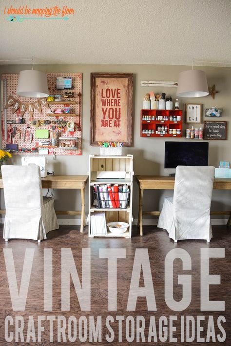 Retro Sewing Room, Two Person Craft Room, Craft Room Vintage Style, Garage Hobby Room, Vintage Craft Room Storage Ideas, Vintage Sewing Room Inspiration, Vintage Craft Room Organization, Victorian Craft Room, Craft Room Vintage