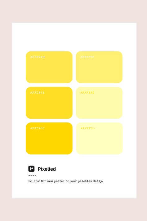 This yellow pastel color palette features soft, gentle shades of yellow, from light buttercream to pale lemon. These delicate hues evoke a sense of warmth and cheerfulness, making them perfect for creating inviting and uplifting designs in illustration, branding, typography, and web UI. Yellow Color Palette Pastel, Lemon Yellow Color Palette, Light Yellow Palette, Yellow Pastel Color, Yellow Pastel, Yellow Pastel Color Palette, Soft Yellow Palette, Lemon Palette, Light Yellow Colour Palette