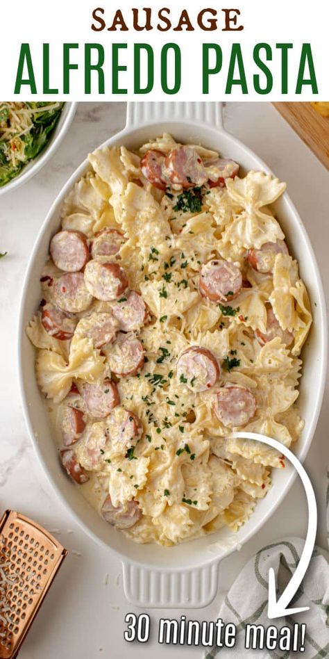 Easy Alfredo Dinner Recipes, Alfredo Kielbasa Pasta, Easy Sausage Alfredo Pasta, Smoked Sausage Pasta Alfredo, Small Recipes For One, Sausage Alfredo Pasta Bake, Alfredo And Sausage Pasta, Turkey Sausage Alfredo Pasta, Easy Country Dinner Recipes