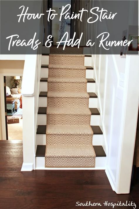 Paint Stairs With Runner, No Slip Stairs Ideas, Painted Stairs With Carpet Treads, Paint Stair Treads, Painted Stair Treads, Painted Stairs With Runner, Updated Staircase, Pine Stair Treads, Paint Stairs