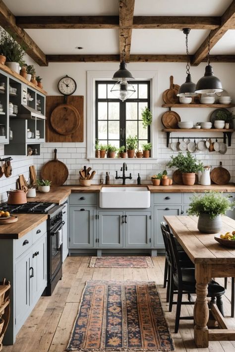 Rustic Boho Cottage Decor, Home Inspo Modern Farmhouse, Cozy Modern Kitchen Ideas, Home Renovation Ideas Kitchen, Rustic Antique Kitchen, Farmhouse Chic House, Antique Kitchen Design, Interior Antique Modern, Modern Rustic Decor Ideas