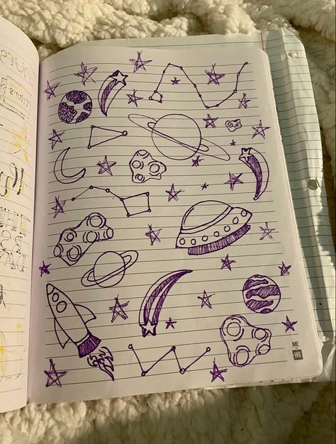 Cute Astronomy Doodles, How To Draw Outer Space, Space Theme Doodles, Class Doodles Aesthetic, Athstetic Doodles, Space Simple Drawings, Doodles In Notebooks, Random Doodle Page, Fun Stuff To Draw Easy