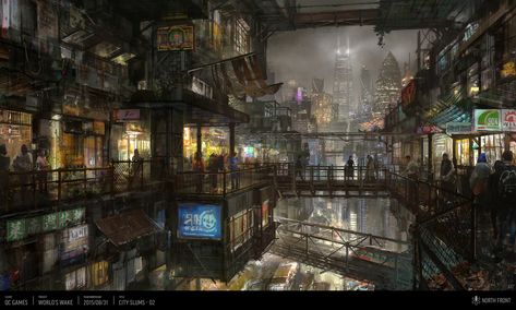 Urban Dystopia Cities, Undercity Concept Art, Dystopian Art Landscapes, Futuristic Slums, Dystopian Slums, City Slums, City Concept Art, City Grunge, Dystopian Art