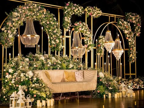 Stage Decor Ideas, Couple Seating, Reception Stage Decor, Simple Stage Decorations, Sangeet Decor, Reception Stage, Modern Wedding Reception, Reception Backdrop, Wedding Stage Decor