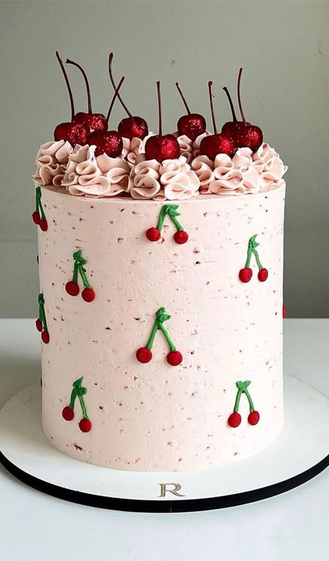 Cherry Topped Cake, Pink Heart Cake With Cherries, Cake With Cherry Decoration, July 4th Cake Ideas, Fruit Design Cake, Cherry On Top Cake, Birthday Cake For Women Fruit, Cherry Themed Cake, Cherry On Top First Birthday